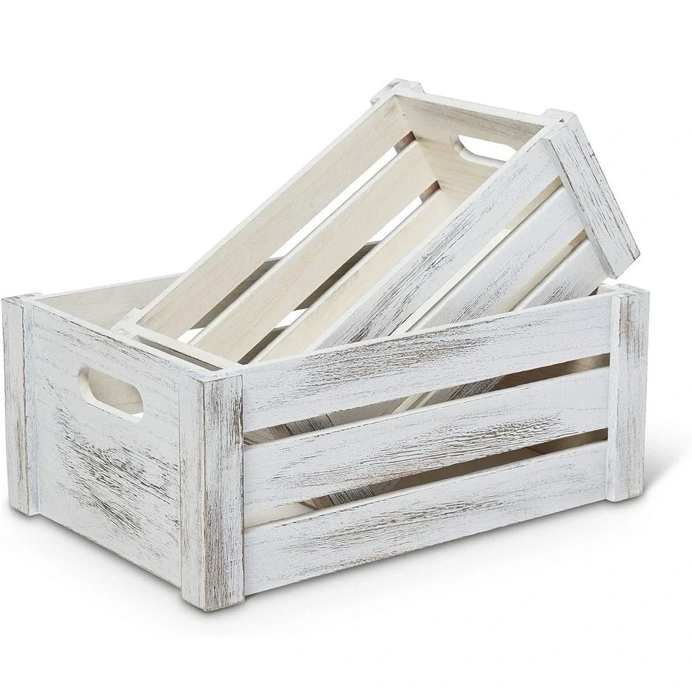 Farmhouse Wooden Crate Set | Whitewashed Nesting Storage Boxes Set of 2